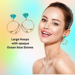 Large Hoops with Ocean Blue Stones
